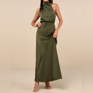 Lulus Distinctive Charm Olive Green Satin Sleeveless Asymmetrical Maxi Dress, 2X